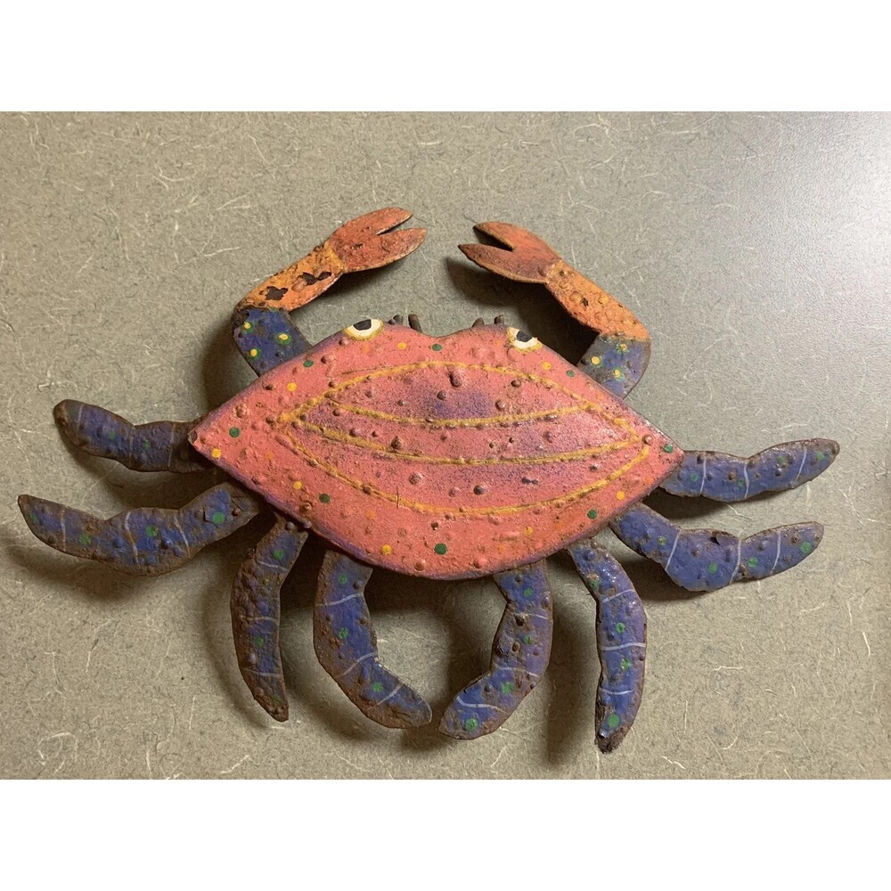 Rusty Metal Red/Blue/ Yellow Crab Wall / Porch Decor Approx 12”x 8”